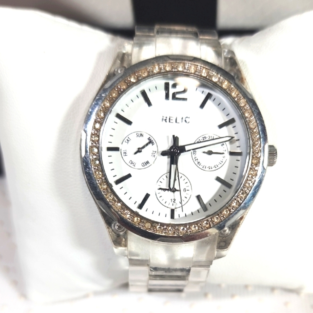 Relic Silver and White Watch with Crystal Accents